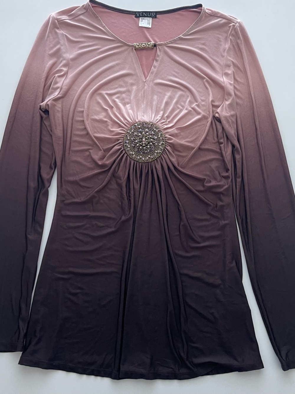 VENUS Pink and Brown Ombre Long Sleeve Top with Gold Medallion